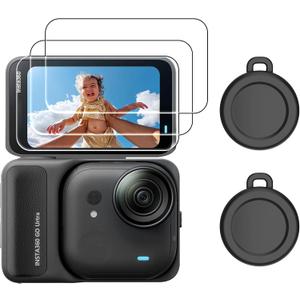 AMAZEAR Screen Lens Protector for Insta360 GO Ultra Accessories, Insta 360 Go-Ultra 3 Tempered Glass Screen Protective Cover & 2 Silicone Lens Cap Combo, 9H Hardness, Touch Sensitive, HD