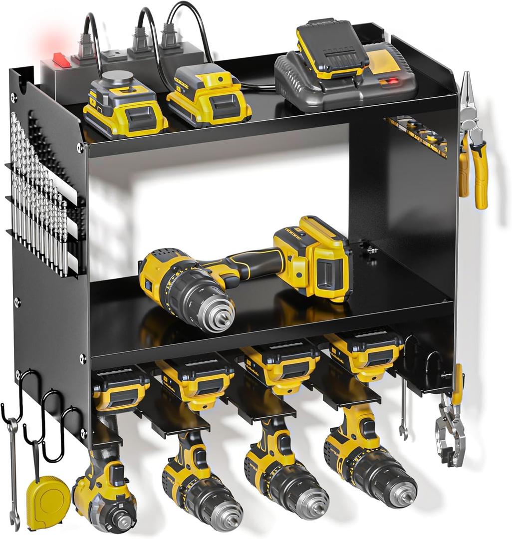 Power Tool Organizer Wall Mount with Charging Station, Tool Battery Holder with 4 Outlet Power Strip, 15 Min Assembly & Maximum 100lb Load, 4 Slots for Cordless Drill, Men's Gifts (Black)