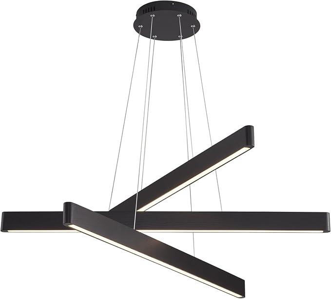 3-Light Solid Wood Black Linear Pendant Light - Dimmable Modern LED Chandelier for Dining Room Table Kitchen Island Living Room Ceiling - 45W Warm Light Adjustable Hanging Fixture Black