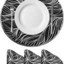 uxcell Silver Black Round Seaweed Shaped Placemats Set of 4 for Dinner Tables, Metallic Polyvinyl Pressed Placemats Washable Table Mats for Dinner Table Decor (15" x 15"/38 x 38cm)