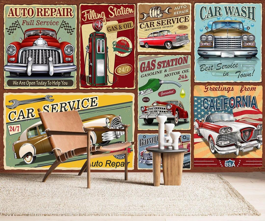 AFZEVEB-Car Poster Wallpaper Vintage Wall murals for Bedroom 114"x74" (Not Peel and Stick) (A017)