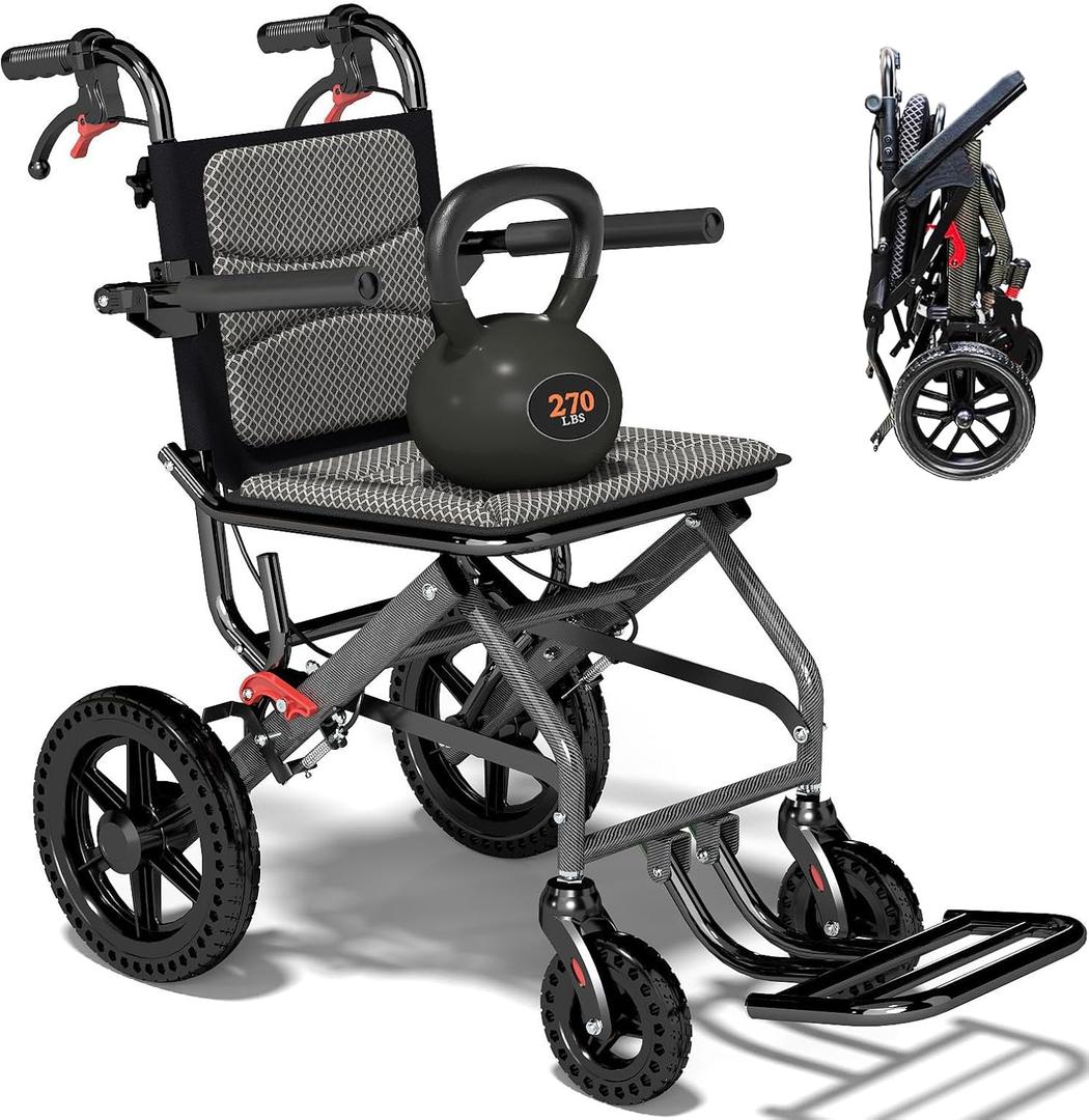 15 Inch Seat Wheelchairs for Adults 12 Inch Honeycomb Tire, Transport Wheelchair Lightweight Foldable (Only Takes 1S), Ultra Light Wheelchair with Telescopic Handle(Only 20LBS, Holds 270 LBS)