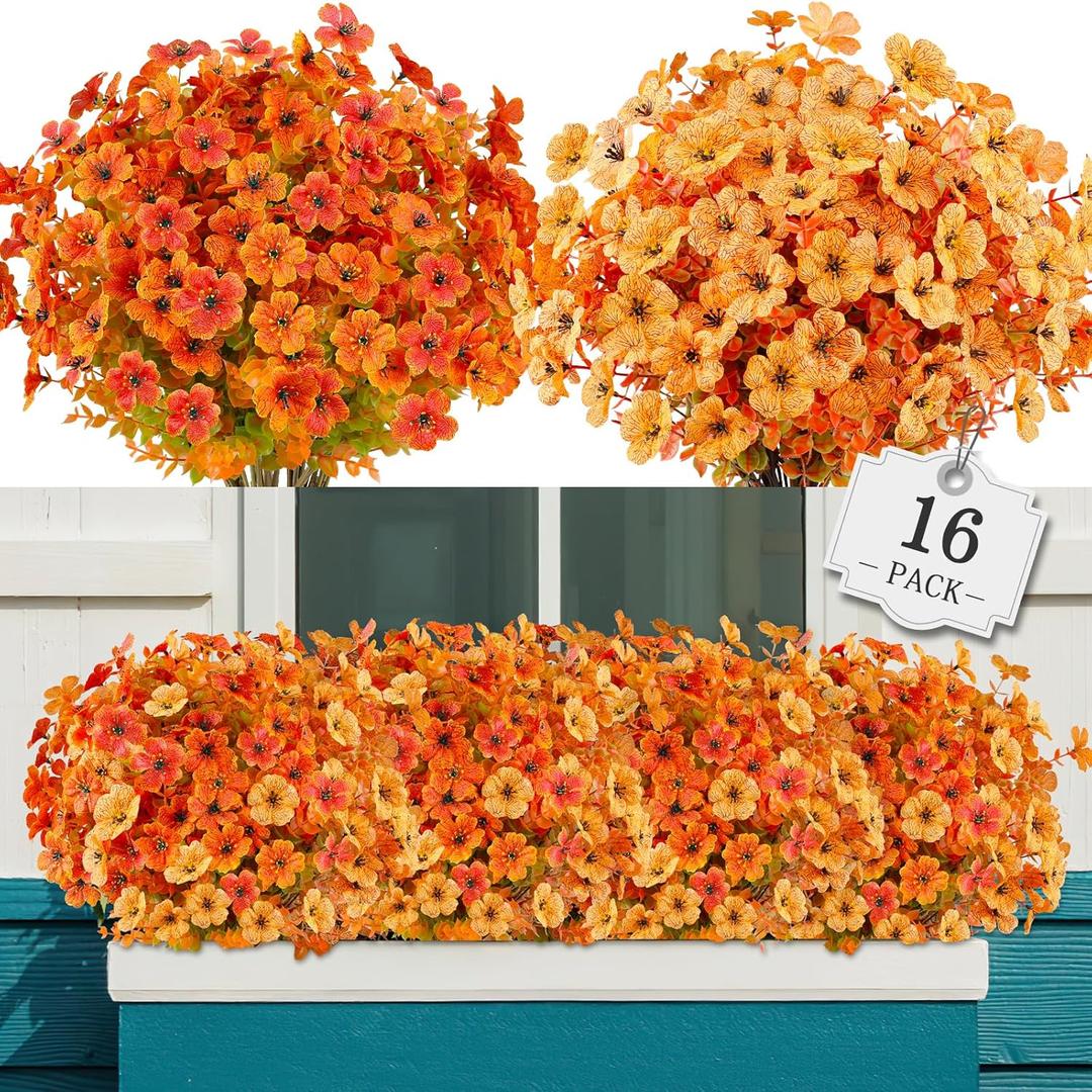 AGIRL 16 Bundles Artificial Fall Flowers Outdoor Indoor Decoration,No Fade Autumn Fake Plastic Plants with Eucalyptus Leaves,Faux Mums for Thanksgiving Garden Front Door Porch Patio Fall Decor (Orangeyellow)