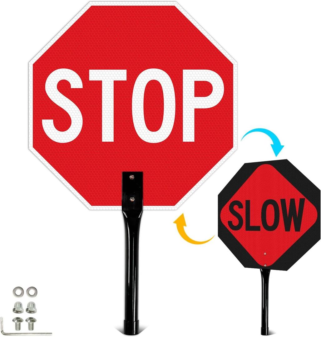 T&R (1 Pack) Large Stop Slow Sign with Handle, 18 x 18 Inches Double Sided Stop/Slow Traffic Sign, Rust Free Aluminum Reflective, Weather Resistant, Waterproof, Fade Resistant, Easy to Mount., Large Signage