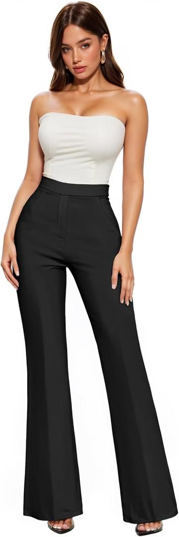 Hybrid & Company Womens Ultra Stretch Ponte Flare Pants-High Rise,Faux Pockets,Pull On,Wrinkle Resistant-Casual & Office Wear (Medium, Black)