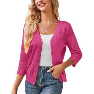 GRACE KARIN Women's 2025 Cropped Cardigan 3/4 Sleeve Lightweight Crochet Shrug Hollowed-Out Knit Sweater Tops Large
