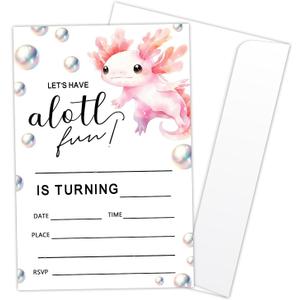 Axolotl Birthday Party Invitation Cards for Kids, 20 Party Invites with Envelopes, Cute Pink Ocean Animal Birthday Invitations for Boys Girls Teens Children, Axolotl Birthday Party Decorations -L863