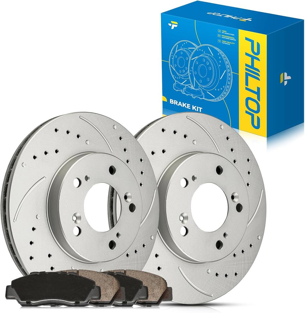 PHILTOP Front Brake Pads and Rotors Kit, OE Drilled & Slotted Rotors and Ceramic Brake Pads for Honda 1997-2001 CR-V, Honda 1997-2001 Prelude, Honda 1995-1998 Odyssey, 3296 D503