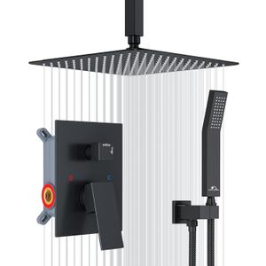 SunCleanse Rainfall Shower System Matte Black Ceiling Mounted Shower System Combo Set with High Pressure 12 Inches Square Rain Shower Head Handheld and Shower Faucet Rough-in Mixer Valve and Trim