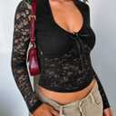Womens Long Sleeve Going Out Tops Lace V Neck Mesh Crop Shirts Sexy Cute Y2K Fall Trendy Outfits 2025 (Black)