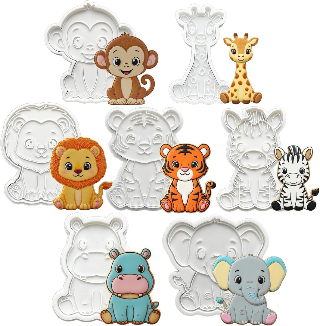 Animal Cookie Cutters 7PC Set with Stampers Handle Jungle Baking Mold for Kids Cake Supplies 3.5" Forest Decorating Biscuit Fondant Tool