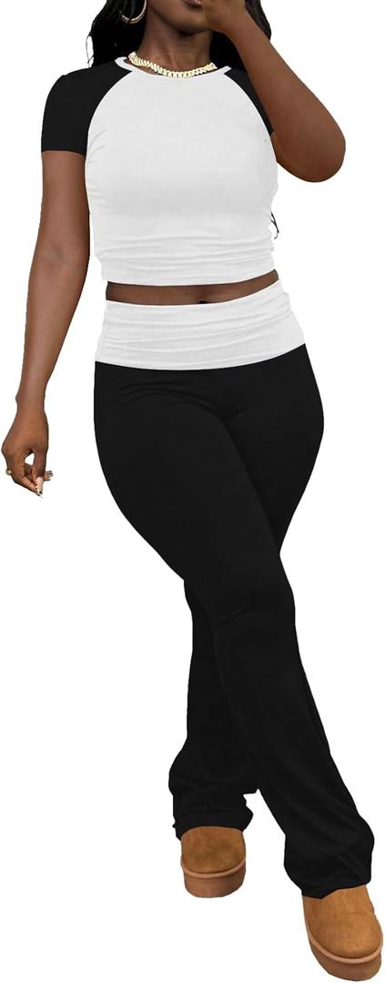 HBQ Women's 2 Piece Lounge Sets Raglan Sleeve Crop Top High Waisted Foldover Flare Pants Casual Workout Outfits Tracksuit (Black, Small)