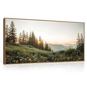 FWIEXA Green Forest Mountain Framed Canvas Wall Art Set, Wildflower Meadow Wall Decor, Floral Pictures Artwork, Nature Sunset Landscape Art Prints for Living Room, Bedroom, Office - Size 20"x40"