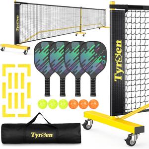 Pickleball Net Set, Pickleball Net on Wheels for Driveway Backyard, 22FT Regular Size, 4 Pickleball Paddles & 6 Balls, 12 Court Markers, 1 Carry Bag, Pickleball Set for Indoor Outdoor Play