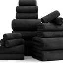 18 Pcs Black Woven Family Towels Set-6 Bath Sheets,6 Hand Towels,6 Washcloths Soft Polyester Towels Absorbent Shower Towel Quick Dry Beach Chair Towel Lint Less Towels Set for Bathroom Spa Gym Hotel