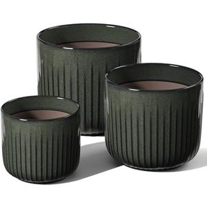 LE TAUCI Fluted Ceramic Planters Set of 3 – 8.3/7 / 5.7 in Dark Olive Reactive Cylinder Indoor Plant Pots with Drainage Plug & Mesh, Glossy Stoneware Flower Pots for Succulents Herbs