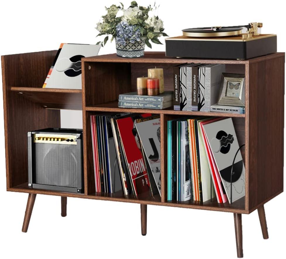 Large Record Player Stand, Vinyl Record Player Stand with Storage, Turntable Stand with Record Storage, with Wood Legs, Holds Up to 350 Albums for Living Room, Bedroom, Office, etc (Walnut Brown)