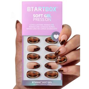 BTArtbox Press On Nails Almond - Amber Hoops, Tortoise Shell Short French Tip Press On Nails with Glue and Adhesive Tabs for Women, Soft Gel Glue On Nails in 16 Sizes - 32 Stick On Nails Kit