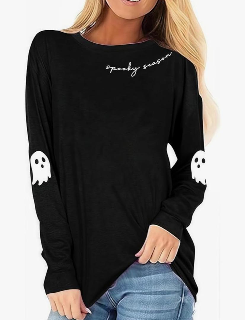 Halloween Shirts Women Long Sleeve Spooky Season Fall T Shirts Autumn Ghost Graphic Tees Thanksgiving Tops Black M