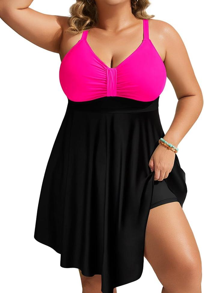 Hanna Nikole Womens Plus Size Swim Dress Swimsuit One Piece Tummy Control Bathing Suit Flowy Body Shaping Swimwear (Pink＆Black, Size 18W)