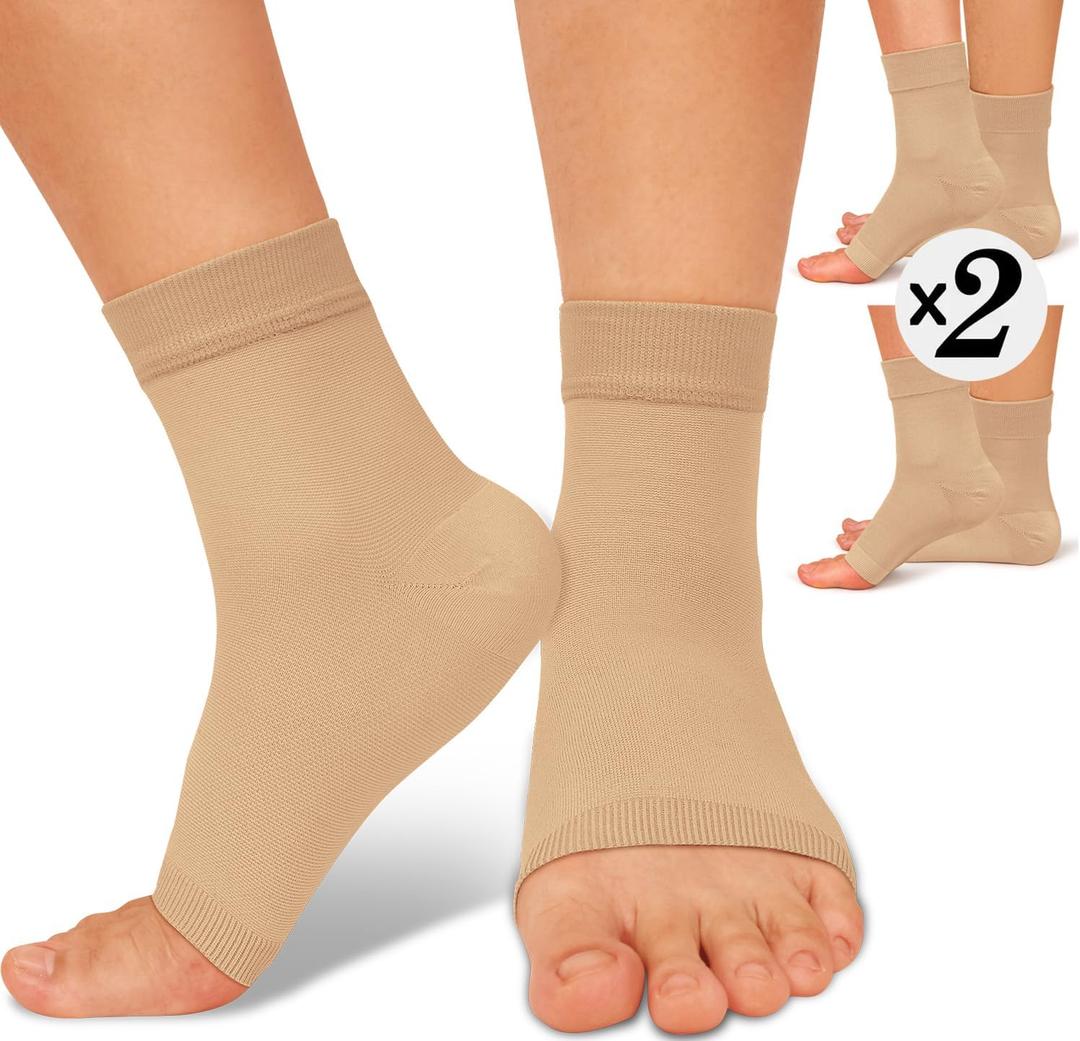 ACTINPUT 2 Pack Ankle Brace Compression Sleeve 8-15 mmHg Open Toe ompression Socks Women & Men for Swelling, Plantar Fasciitis, Sprain Beige S/M