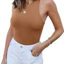 REORIA Women's Summer Sexy One Shoulder Cutout Front Sleeveless One Piece Tank Tops Backless Thong Bodysuits Leotards for Going Out Brown Small