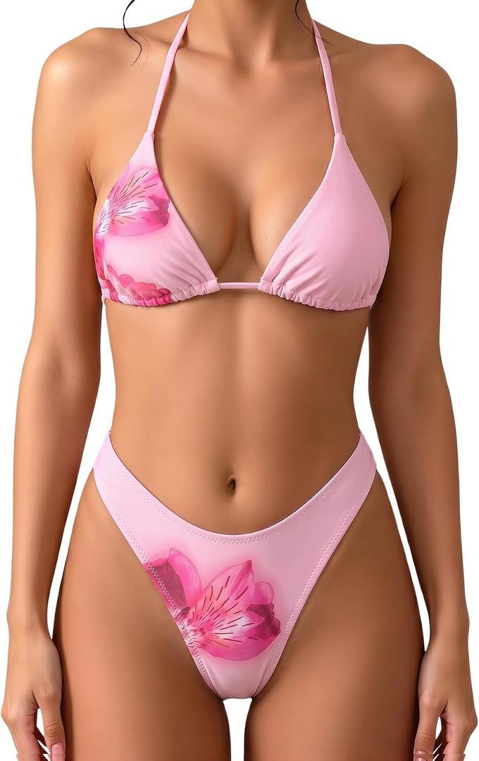 MakeMeChic Women's Polka Dots Triangle Thong Bikini Sets Floral Cute Bathing Suit Swimsuits, Medium