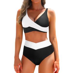 Aqua Eve Women High Waisted Bikini Twist Front Swimsuits Lace up Bikini Tops Ruched Push up 2 Piece Bathing Suits (Large, Black and White Splicing)