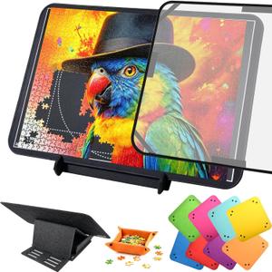 Felt Puzzle Board with Transparent Dust Cover for 500-1000 Pieces, Foldable Jigsaw Puzzle Table with Adjustable Tilting Stand & 8 Color Sorting Trays, Portable Non-Slip Mat, Gift for Puzzle Lover, Fits 500 And 1000 Piece Puzzles