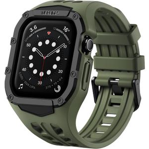 Nereides Rugged Case with Band for Apple Watch Series 9/8/7/6/5/4/SE 3/SE 2/SE 44mm/45mm, Breathable TPU Sport Strap + PC Protective Bumper, Shock-Resistant, Sweat & Water-Resistanty (Army Green)