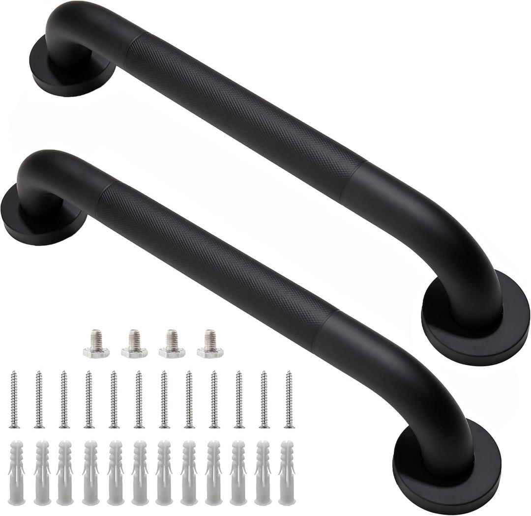 Shower Grab Bar, 2 Pack 16 Inch Black Bathroom Grab Bar, 1.25" Diameter 304 Stainless Steel Anti-Slip Grab Bars for Bathtubs and Showers, Handicap Shower Grab Bar for Seniors Elderly (16 Inch, Black)