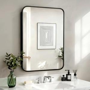 FINDCOZZIE Bathroom Medicine Cabinet with Black Metal Framed Mirror, Recessed or Wall Mount Bathroom Vanity with Storage Shelves 17.5x26 inch