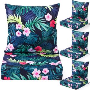 Hoteam 4 Set Outdoor Chair Patio Cushions 20 x 20 Inch Deep Seat Waterproof Chair Cushions for Patio Furniture Set Replacement Removable Seat and Back (Hawaiian Palm)