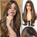 Cocoa Brown with Gold Highlights Wig With Bangs Long Wavy PuffPro Voluminous High Crown Wigs for Women,4x4'' Parting Realistic Scalp,Mob Wife Aesthetic/Clean Girl/Office Siren/Old Money