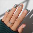 Glamnetic Press On Nails - Velvet Pine | Short Oval Fake Nails in Deep Green with French Tips, Tree Designs and a Velvet Finish, Salon Quality Holiday Nails | 15 Sizes - 30 Nail Kit with Glue