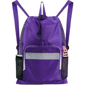 BeeGreen Gym Bag Drawstring Backpack w Zipper Pocket Swim Bag for Men Women Swimmers Sports Bag for Beach Pool Workout Gifts with 2 Mesh Pockets Cinch Bag Dark Purple, W16.9'' * H24''