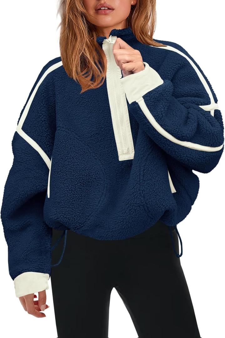 Panadila Womens Half Zip Sherpa Fleece Pullover Soft Oversized Sweatshirt with Pockets Warm Fuzzy Sweater (Blue, XS)