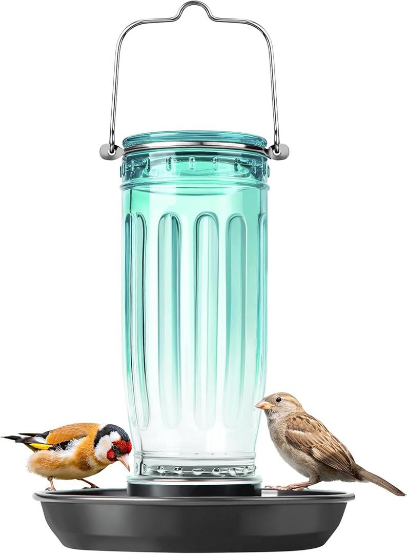 Kingsyard Glass Bird Water Dispenser for Outdoor, 16 Oz, Bird Water Feeder with Metal Hanging for Garden Yard Fence Decoration Hummingbird Cardinal Bluebird Finch, Green