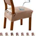 Genina Dining Chair Covers Set of 4, Waterproof PU Leather Dining Seat Covers Stretch Wipeable Dining Room Seat Cover Kitchen Chair Slipcover Protector (Rear-Covered Design, Khaki)