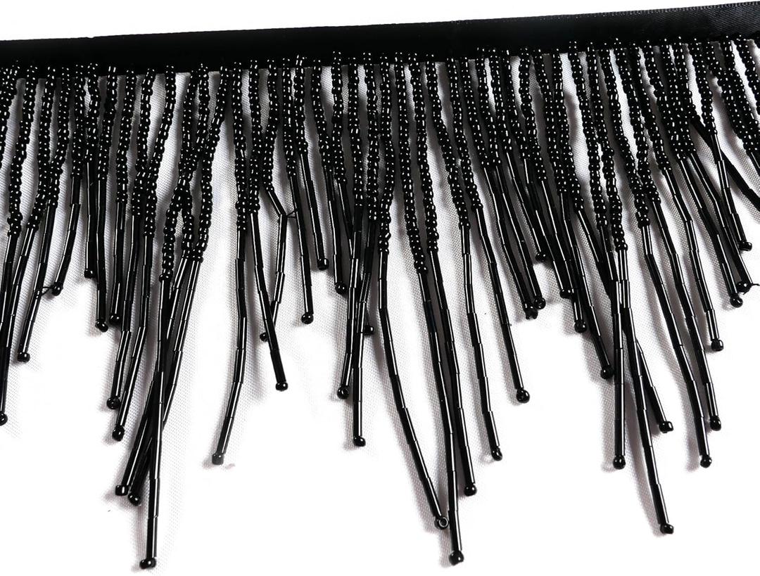 Black Beads Fringe Trim Beads Fringe Belt Glass Beaded Fringe Trim Wavy Water Shape Ribbon Tassel Chain for Clothing Accessories DIY Decoration (TR2401)