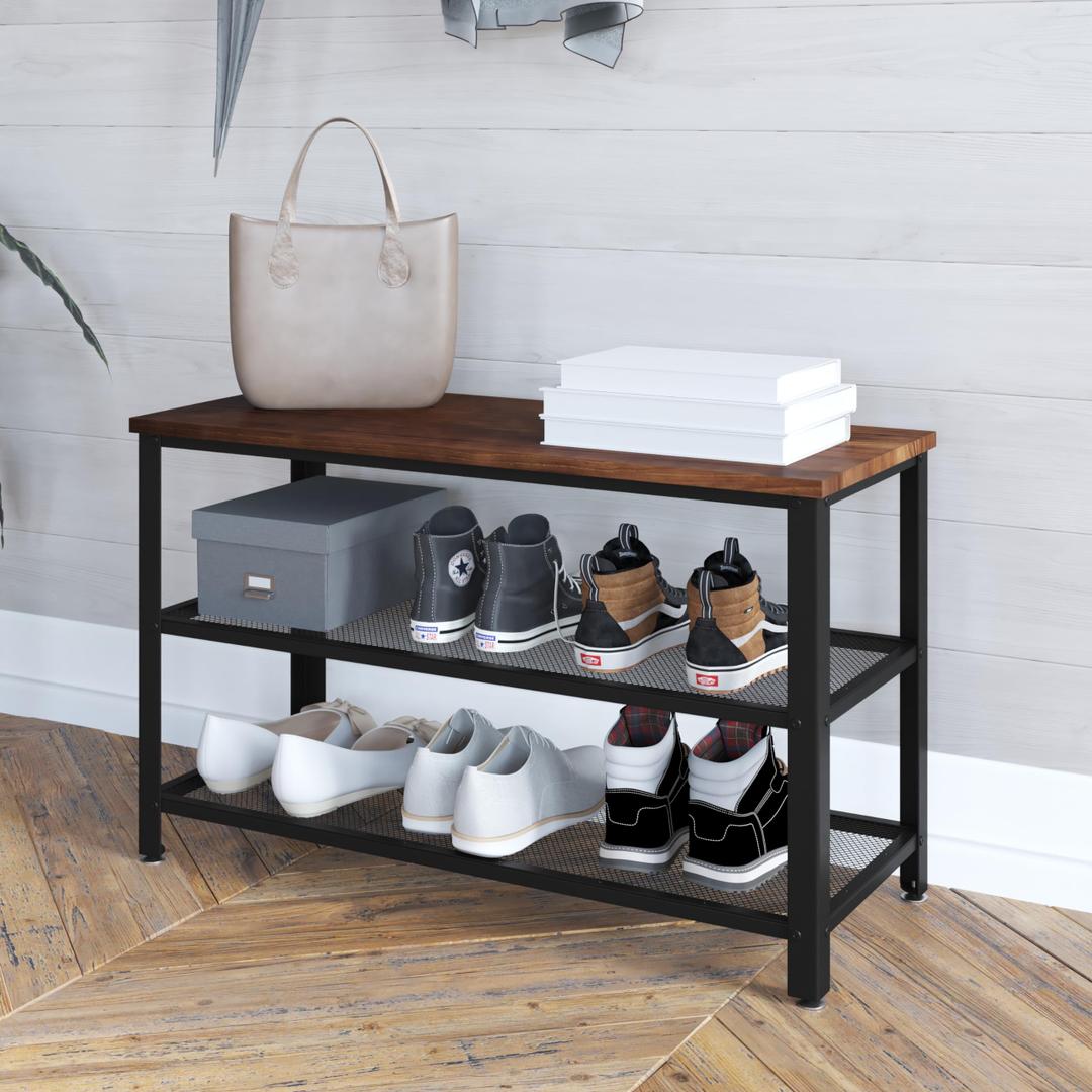 HBCY Creations Rustic Brown Solid Pine Wood 3-Tier Entryway Shoe Rack Bench with Metal Mesh Shelves, for Entryway, Mudroom, or Bedroom, and More!