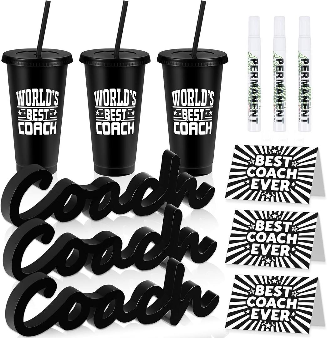 Coach Gifts for Men Women Coaches Appreciation Gifts Includes 3 Wood Signs 3 Cups 3 Marker Pens and 3 Greeting Cards for Soccer Football Softball Basketball Swim Coach