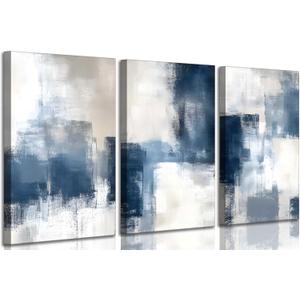 3 Pcs Navy Blue Abstract Canvas Wall Art Modern Minimalist Neutral Blue and Grey Paintings Pictures Wall Decor Poster Print Artwork for Living Room Bedroom Office Home Decoration