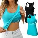 V FOR CITY Women's Shelf Bra Tank Tops Racerback Workout Camis Yoga Shirt Cotton Undershirt 2 Pack (Large, Black/Aqua)
