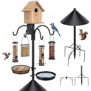 Bird Feeder Pole 4-in-1 with Squirrel Baffle, 92 Inch Metal Bird Feeders for Outdoors, Bath, Food Tray, 4 Hooks and Holds Cage