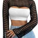 CAMNOW Womens Crochet Crop Tops Y2k Knit Shrug Sweater Hollow Out Long Sleeve Bikini See Through Cover Ups L
