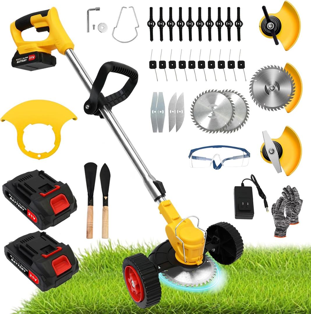 21V Electric Weed Wacker Cordless Grass Trimmer with 2x2000mAh Batteries & Fast Charger, 3 in 1 Stringless Lightweight Brush Cutter/Edger/Mower with 3 Types Blade & Wheels for Garden and Yard Lawn (Yellow)