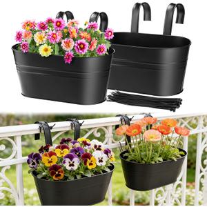 MADHOLLY Railing Planter with Drainage Holes - Sturdy Bucket Pots for Railing Fence, Countryside Style Metal Flower Pots for Herbs Balcony Garden Yard Decor, 2Pcs, Black