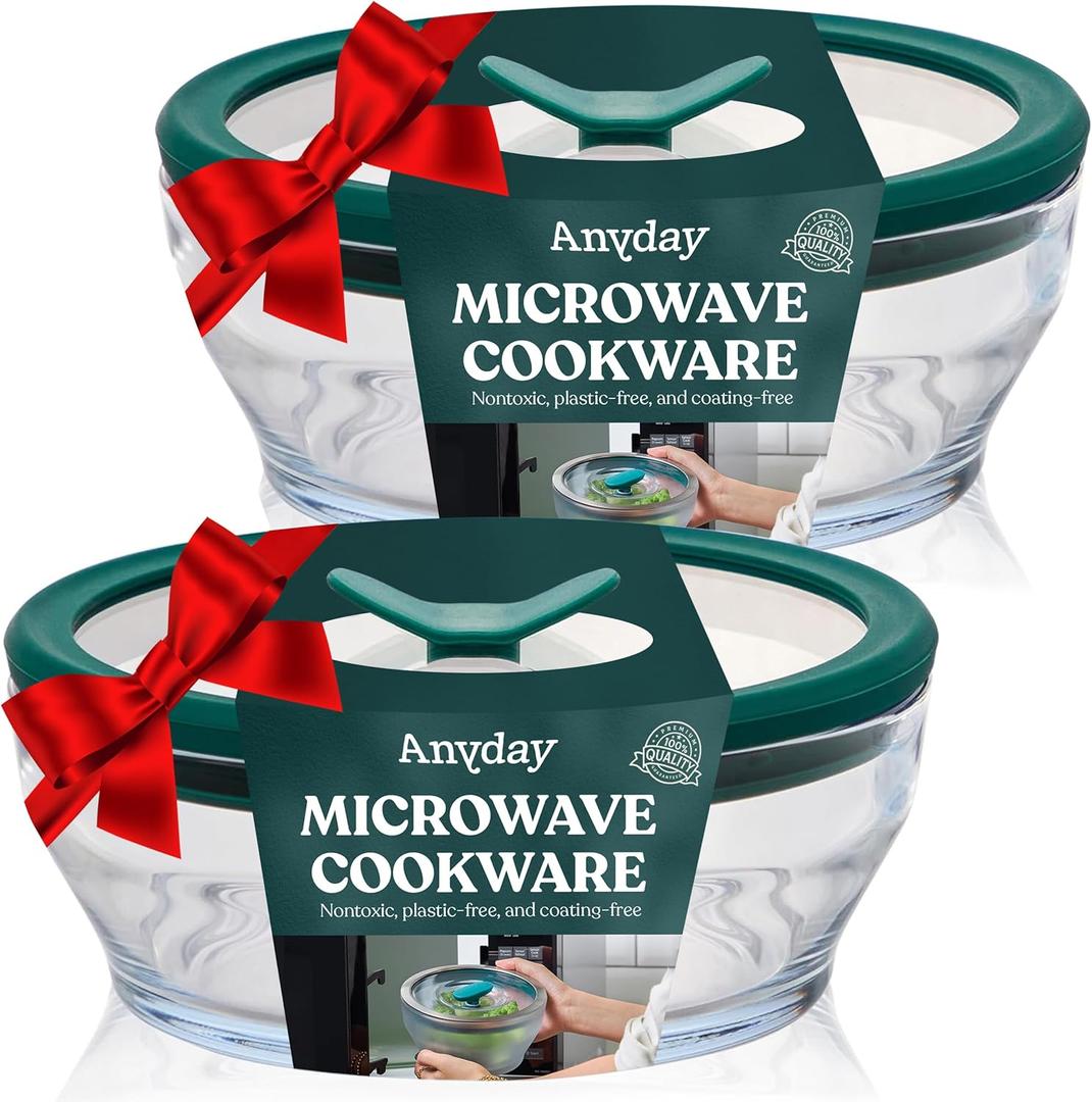 Anyday 2-Pack (2-Cup) Glass Food Storage Set with Glass Lids | Plastic-Free Meal Prep Set | Stackable Airtight Storage Container Set with Vented Lid for Microwave-Safe Reheating (Clear - Kale)