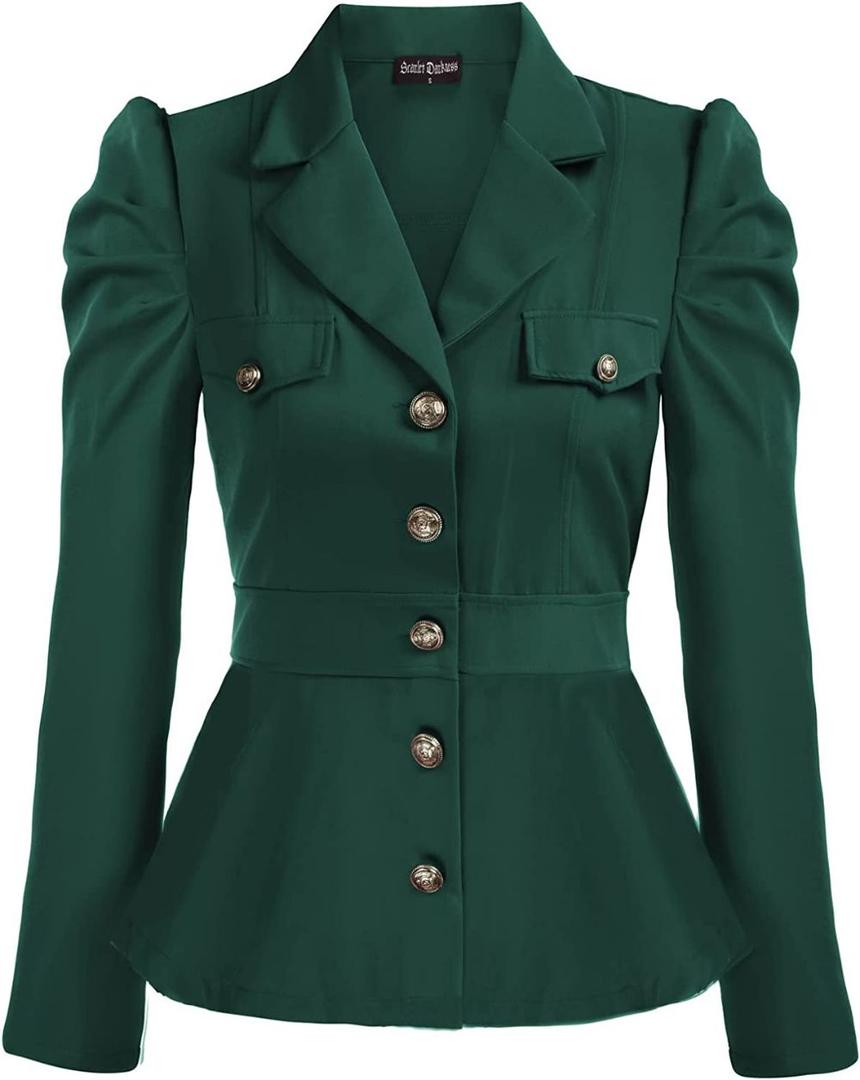 Scarlet Darkness Women Rerto Victorian Jacket Lapel Collar Peplum Hem Blazer
 L Green